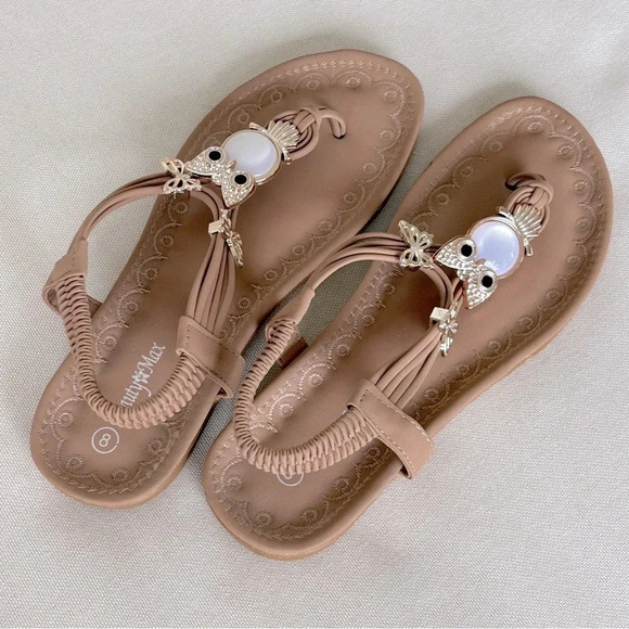 Tan Jewel Embellished Owl Butterfly Pendant Strappy Slip-On Flats Sandals / Sz 8 - Picture 6 of 8